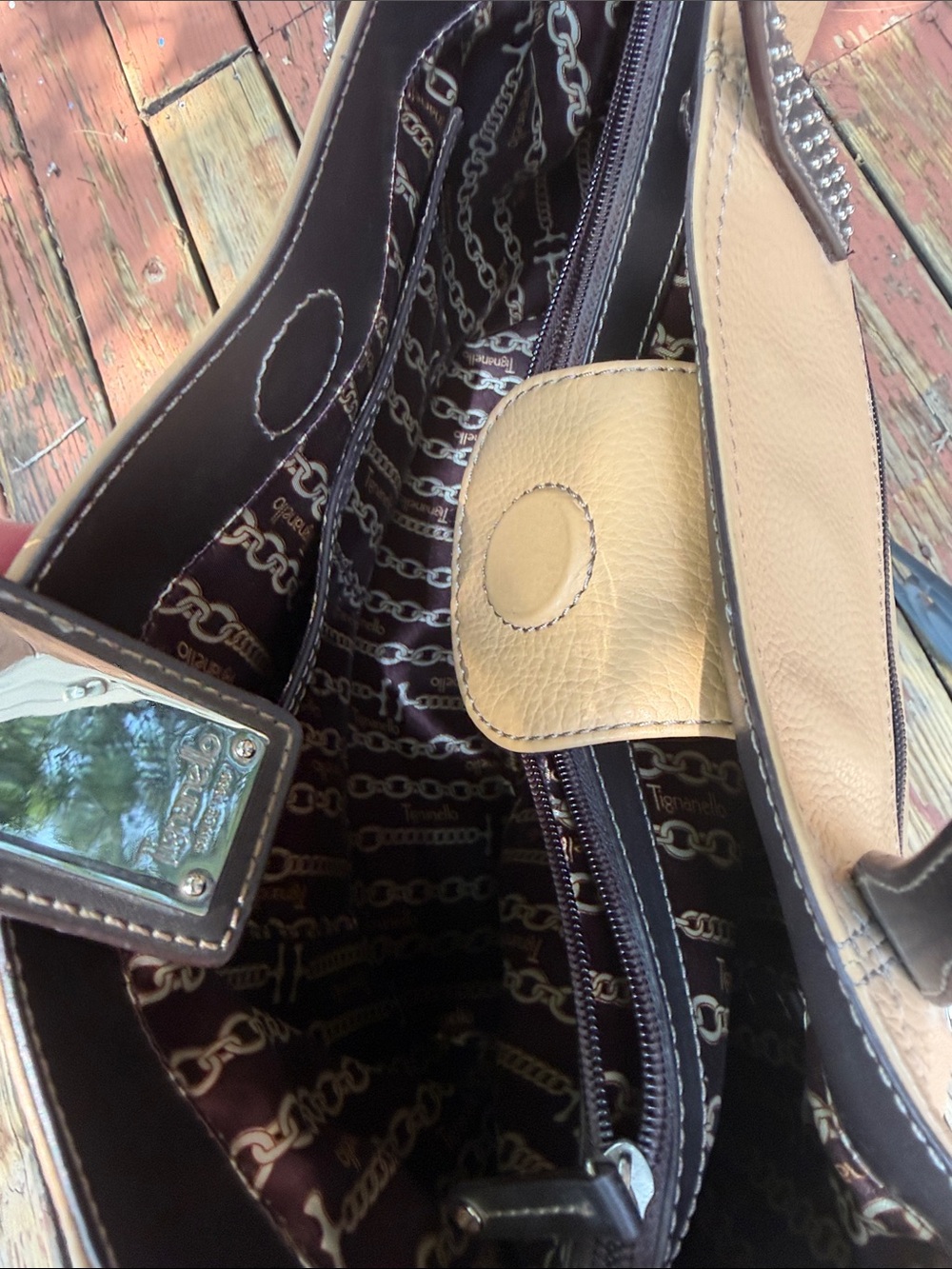 Tignanello ~ Large Tan Pebbled Leather Tote wDark Brown Leather w/STUDDED detail - Picture 6 of 8